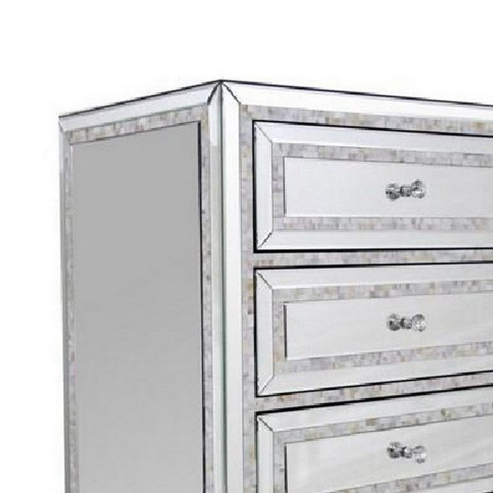 5 Drawer Chest with Mirror Panel Inserts and Shell Inlay, Silver - BM216786