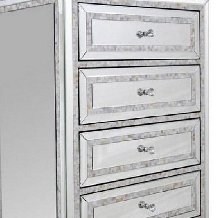 5 Drawer Chest with Mirror Panel Inserts and Shell Inlay, Silver - BM216786