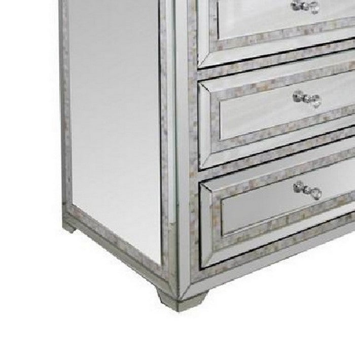 5 Drawer Chest with Mirror Panel Inserts and Shell Inlay, Silver - BM216786