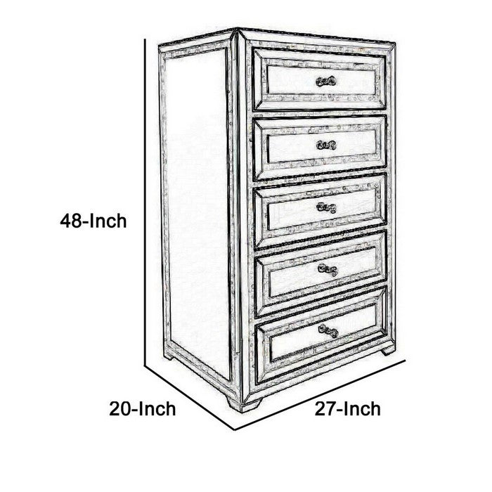 5 Drawer Chest with Mirror Panel Inserts and Shell Inlay, Silver - BM216786