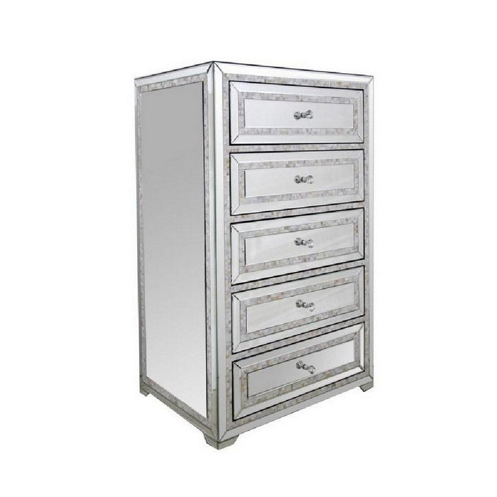 5 Drawer Chest with Mirror Panel Inserts and Shell Inlay, Silver - BM216786
