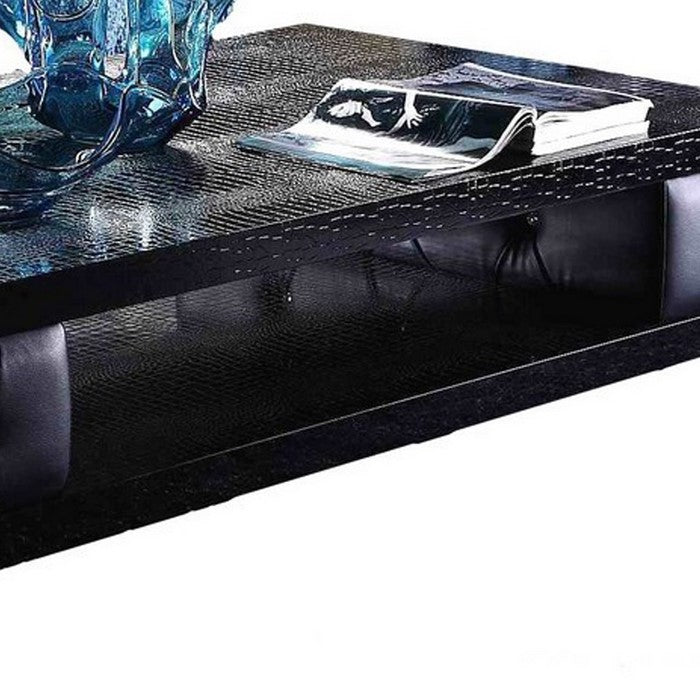 Rectangular Wooden Coffee Table with Textured Details, Gray and Black - BM216788