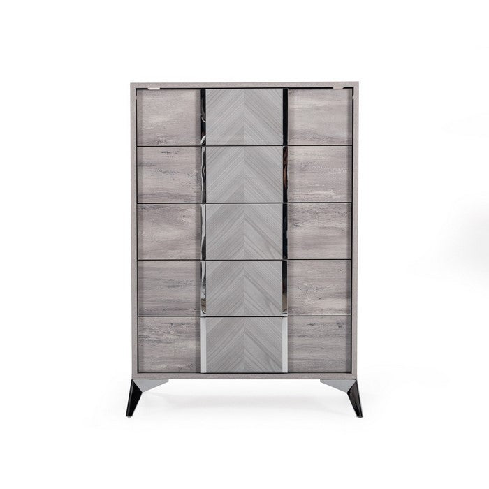 5 Drawer Wooden Chest with Silver Trim Pulls and Angled Metal Legs, Gray - BM216792
