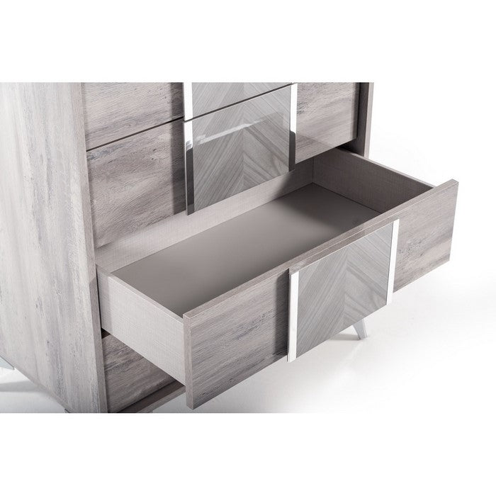 5 Drawer Wooden Chest with Silver Trim Pulls and Angled Metal Legs, Gray - BM216792
