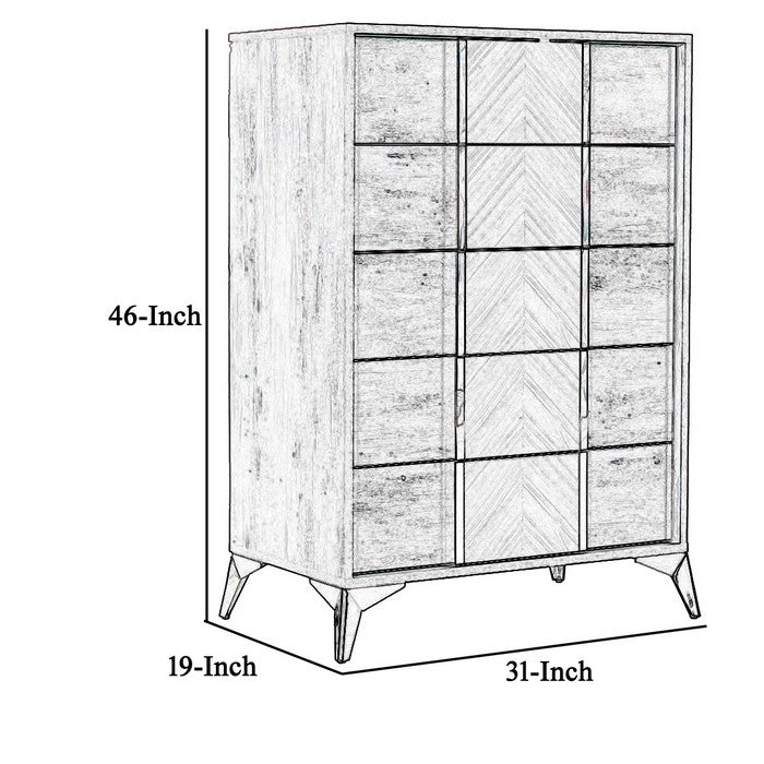 5 Drawer Wooden Chest with Silver Trim Pulls and Angled Metal Legs, Gray - BM216792