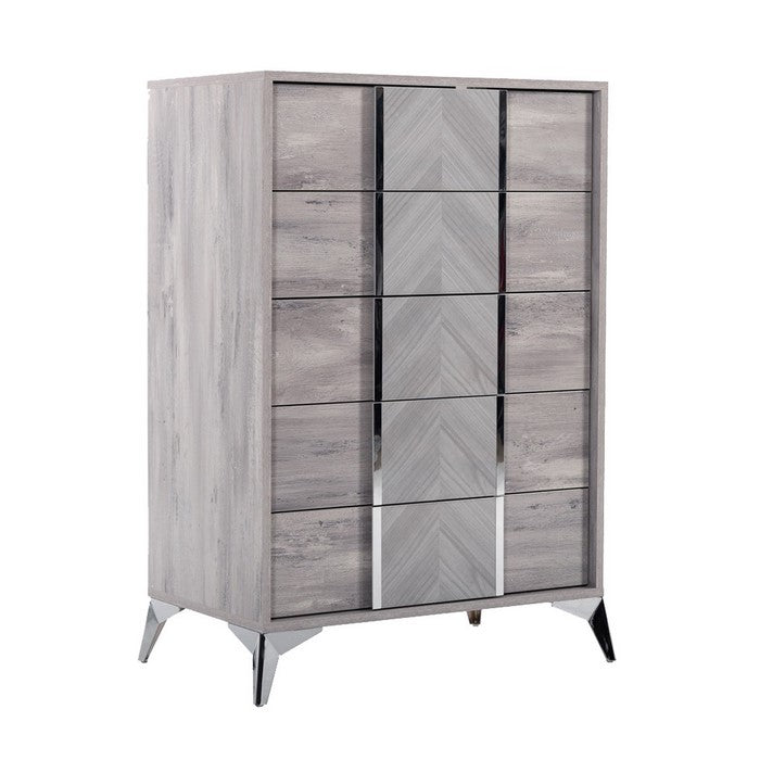 5 Drawer Wooden Chest with Silver Trim Pulls and Angled Metal Legs, Gray - BM216792