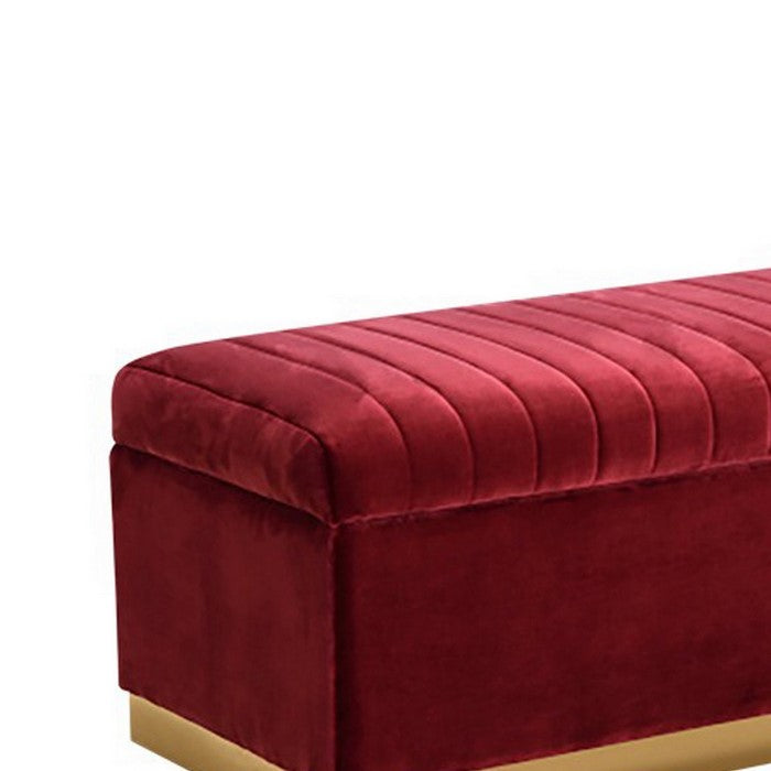 Lift Top Storage Fabric Bench with Vertical Tufted Channels, Red and Gold - BM216802