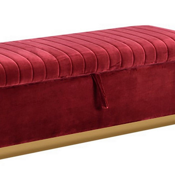 Lift Top Storage Fabric Bench with Vertical Tufted Channels, Red and Gold - BM216802