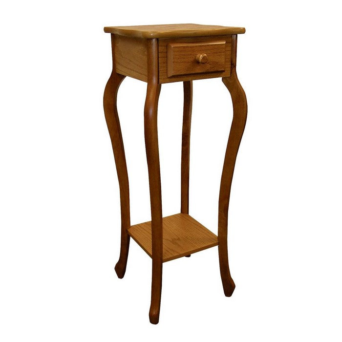 Grained Wooden Frame Plant Stand with 1 Drawer and Open Shelf, Oak Brown