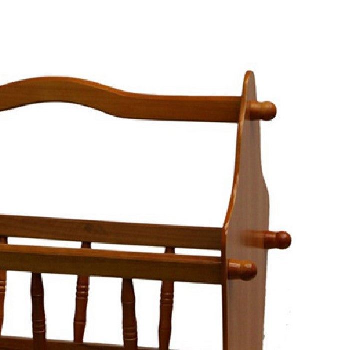 14 Inches Wooden Magazine Rack with Turned Slats on Side Rails, Oak Brown