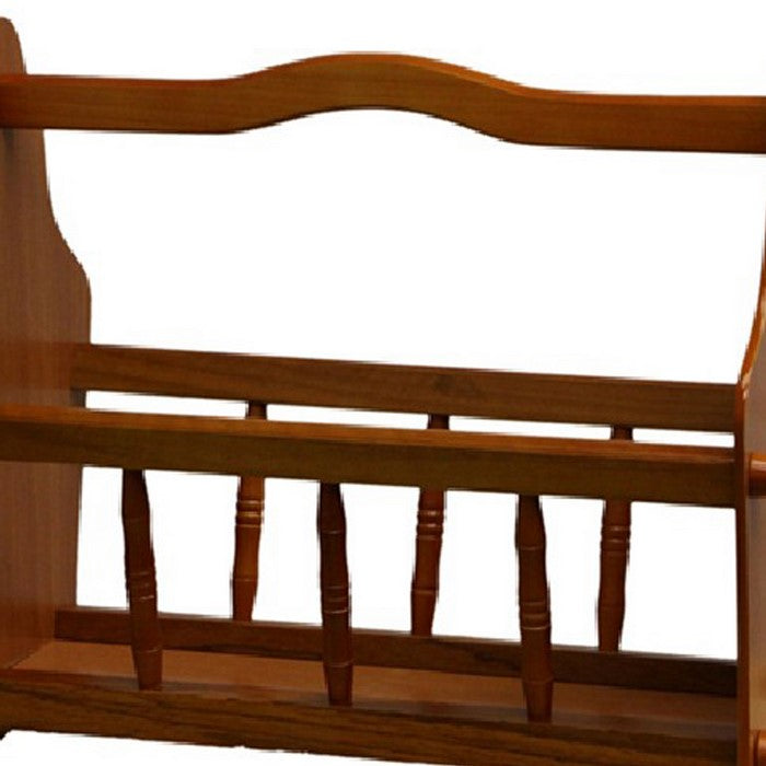 14 Inches Wooden Magazine Rack with Turned Slats on Side Rails, Oak Brown