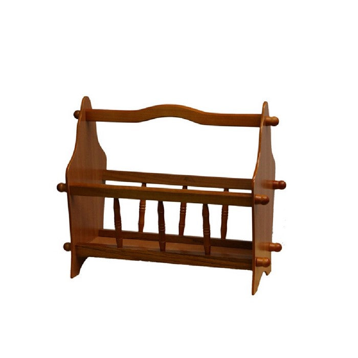14 Inches Wooden Magazine Rack with Turned Slats on Side Rails, Oak Brown