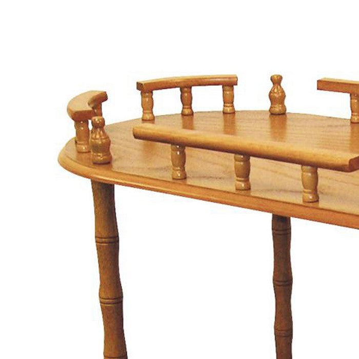 Casters Supported 2 Tier Wooden Wine Table with Turned legs, Oak Brown