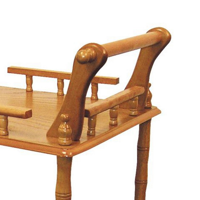 Casters Supported 2 Tier Wooden Wine Table with Turned legs, Oak Brown