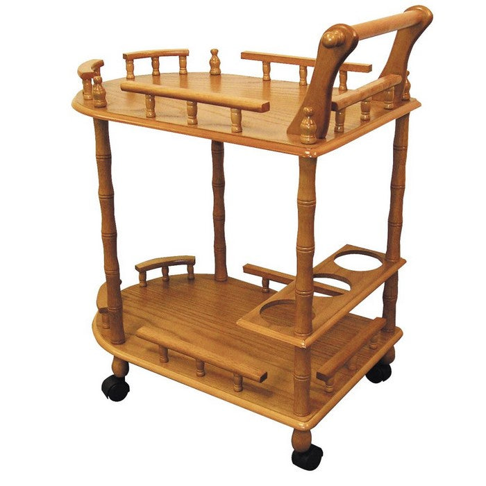 Casters Supported 2 Tier Wooden Wine Table with Turned legs, Oak Brown