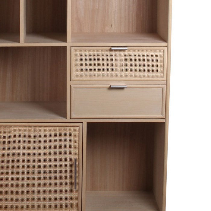 2 Door Wooden Bookshelf with 2 Drawers, Natural Brown
