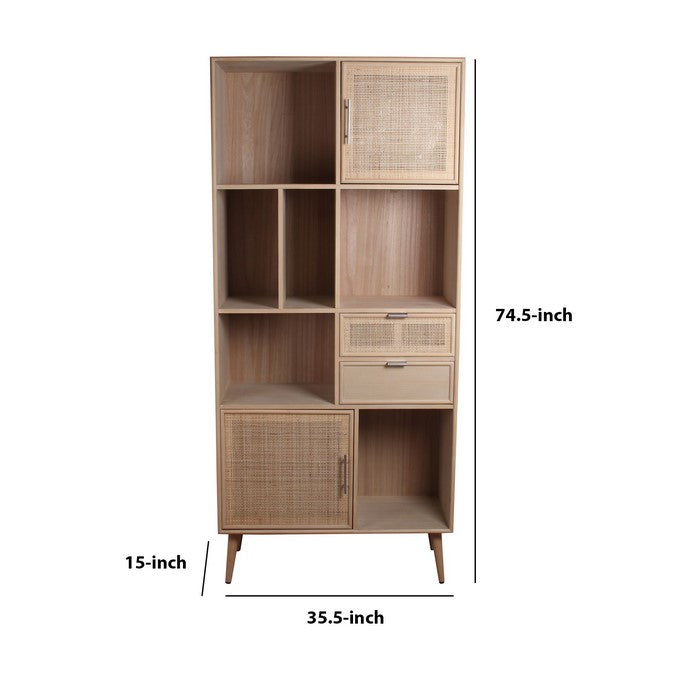 2 Door Wooden Bookshelf with 2 Drawers, Natural Brown