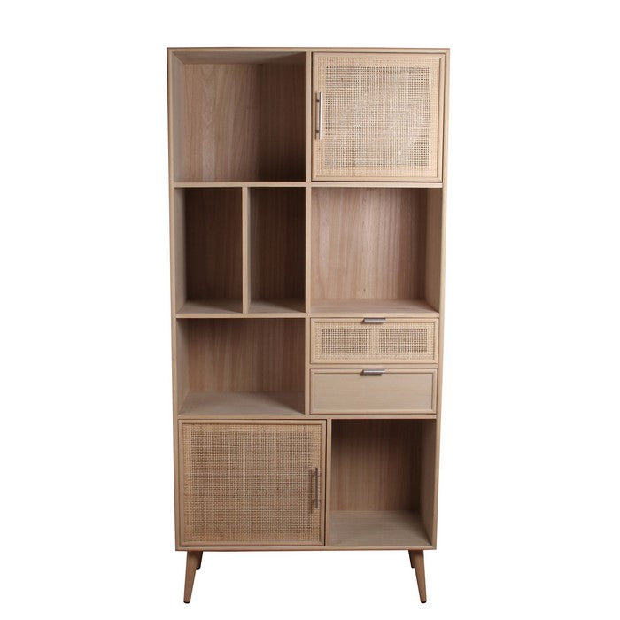 2 Door Wooden Bookshelf with 2 Drawers, Natural Brown