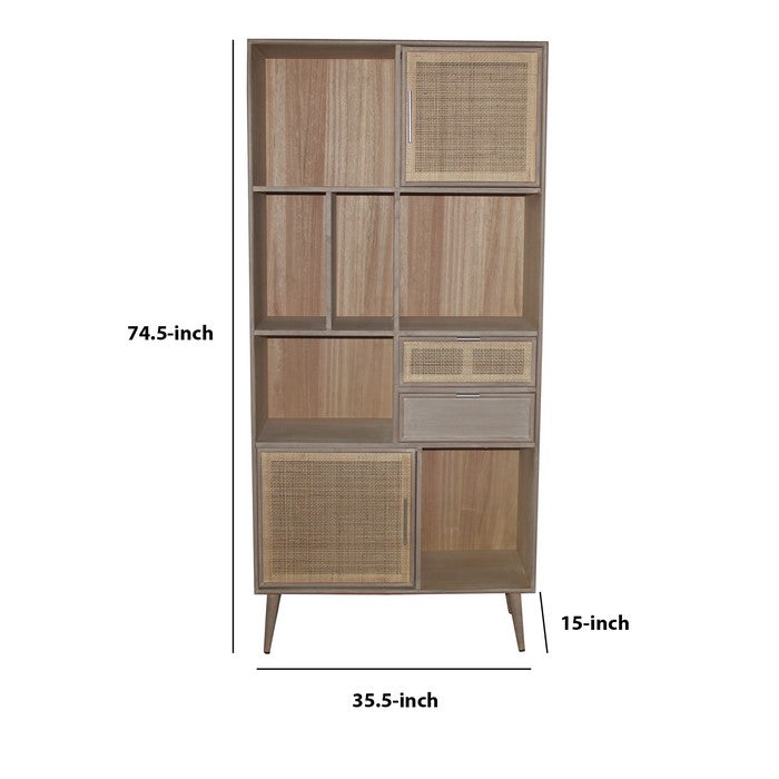 2 Door Wooden Bookshelf with 2 Drawers, Washed Brown