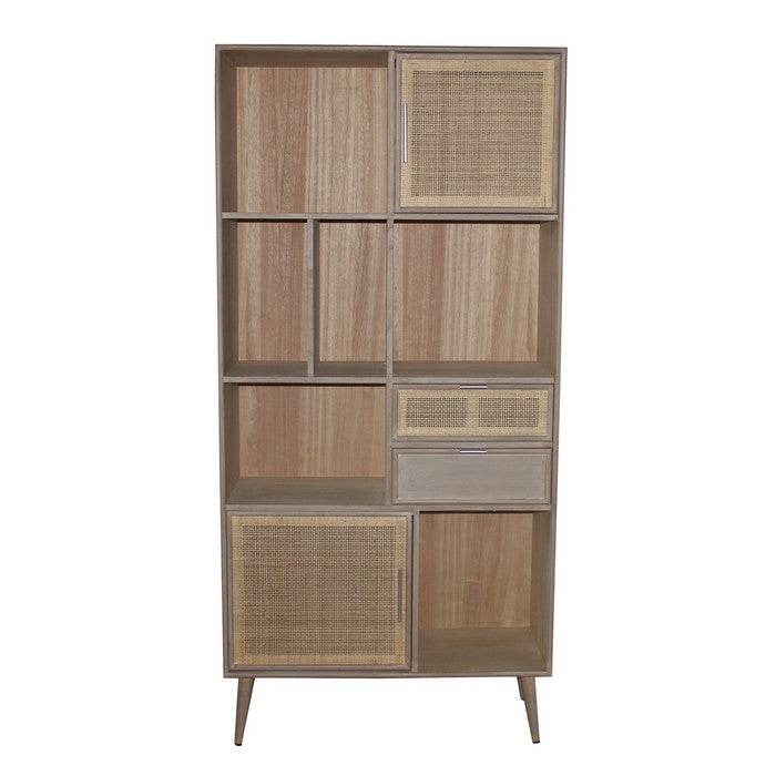 2 Door Wooden Bookshelf with 2 Drawers, Washed Brown
