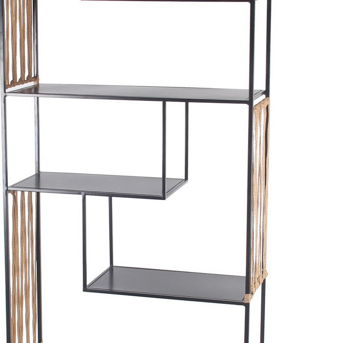 5 Tier Metal Bookshelf with Rattan Sides, Black and Gold