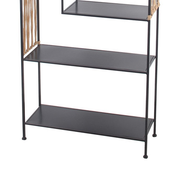 5 Tier Metal Bookshelf with Rattan Sides, Black and Gold