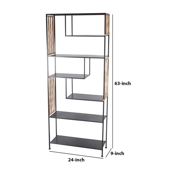 5 Tier Metal Bookshelf with Rattan Sides, Black and Gold