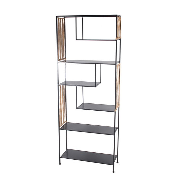 5 Tier Metal Bookshelf with Rattan Sides, Black and Gold