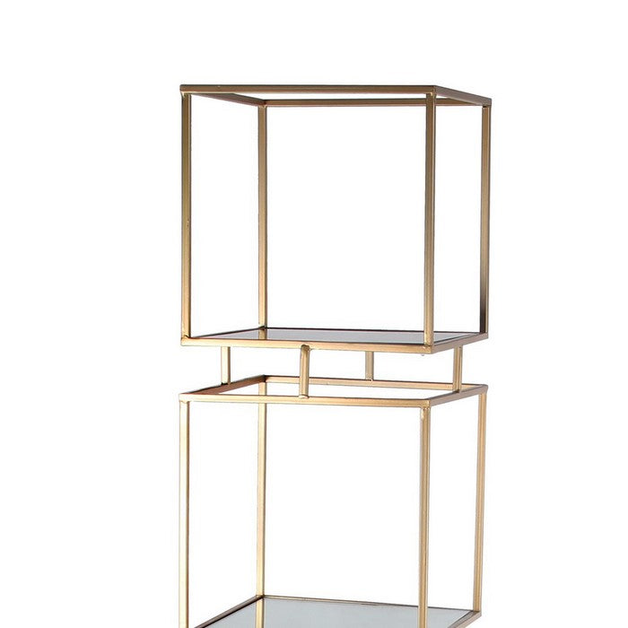 Metal and Glass Square Bakers Rack with 4 Open Shelves, Gold and Mirror