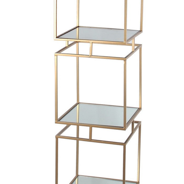 Metal and Glass Square Bakers Rack with 4 Open Shelves, Gold and Mirror