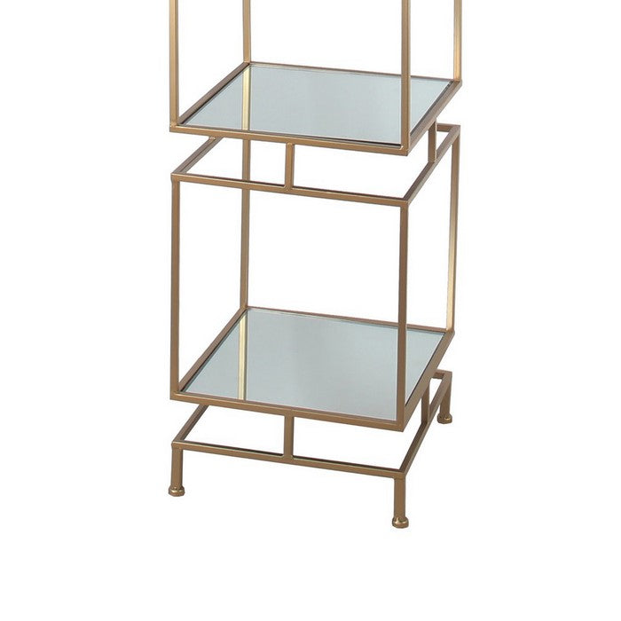 Metal and Glass Square Bakers Rack with 4 Open Shelves, Gold and Mirror