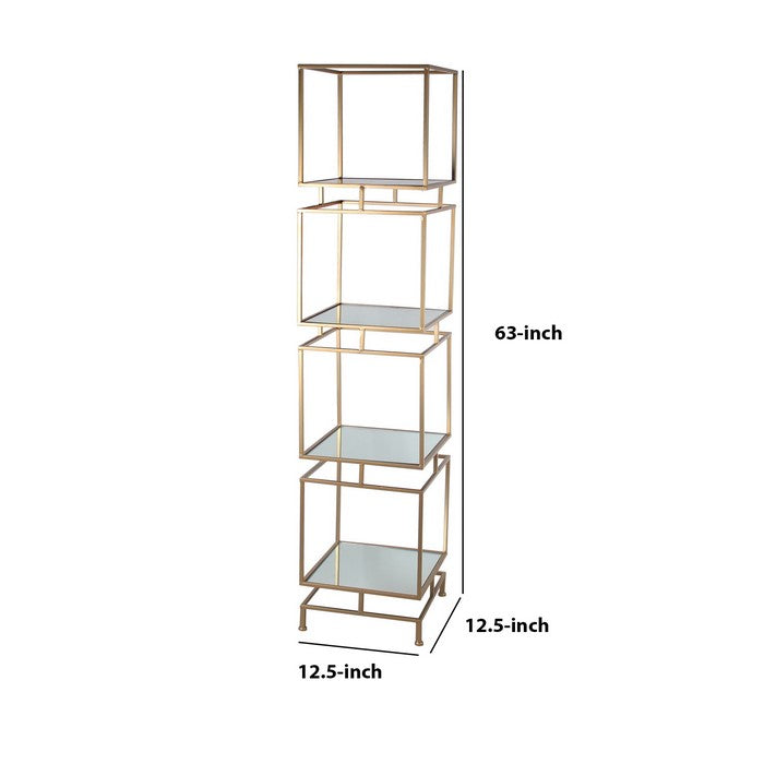 Metal and Glass Square Bakers Rack with 4 Open Shelves, Gold and Mirror