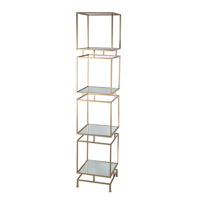 Metal and Glass Square Bakers Rack with 4 Open Shelves, Gold and Mirror