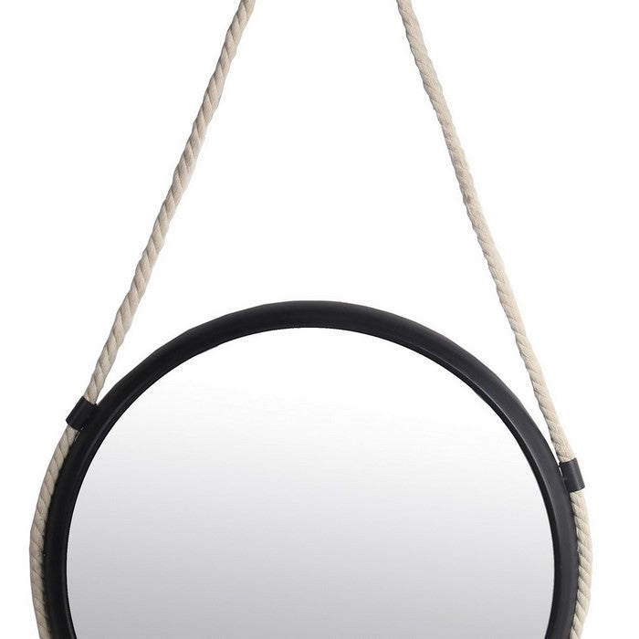Metal Encased Round Wall Mirror with Braided Rope, Large, Black and White
