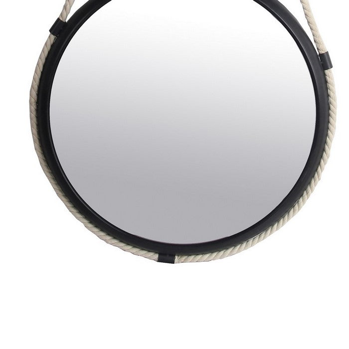 Metal Encased Round Wall Mirror with Braided Rope, Large, Black and White