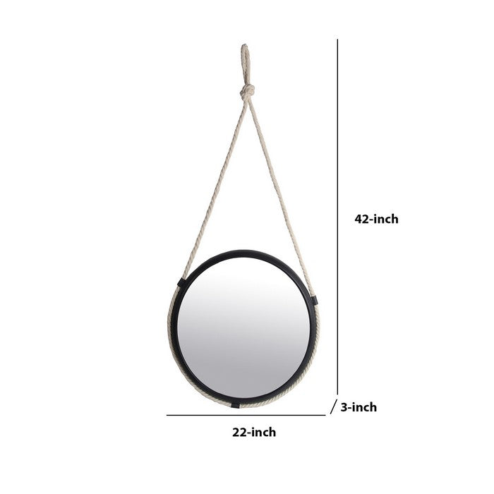 Metal Encased Round Wall Mirror with Braided Rope, Large, Black and White