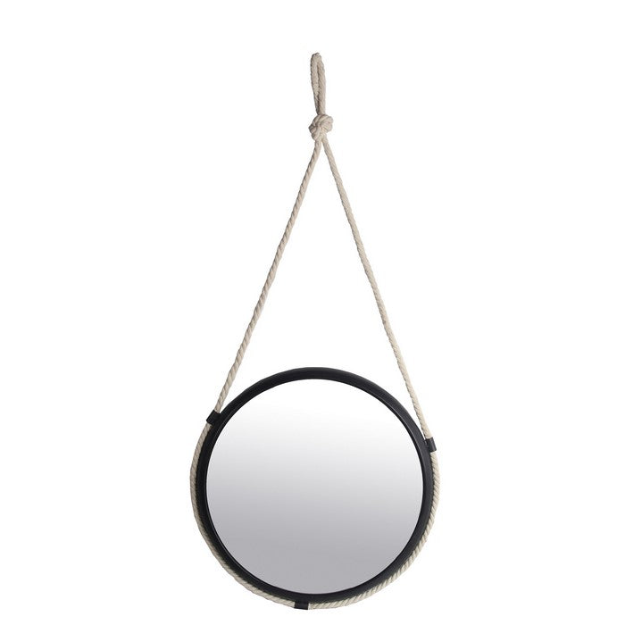 Metal Encased Round Wall Mirror with Braided Rope, Large, Black and White