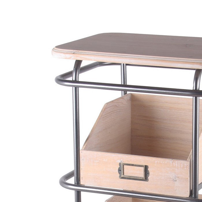 Tubular Metal Frame Accent Table with 3 Storage Boxes, Brown and Gray