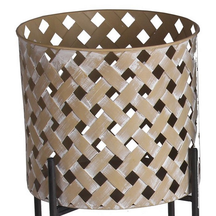 Lattice Design Round Planter with Metal Base, Beige and Black
