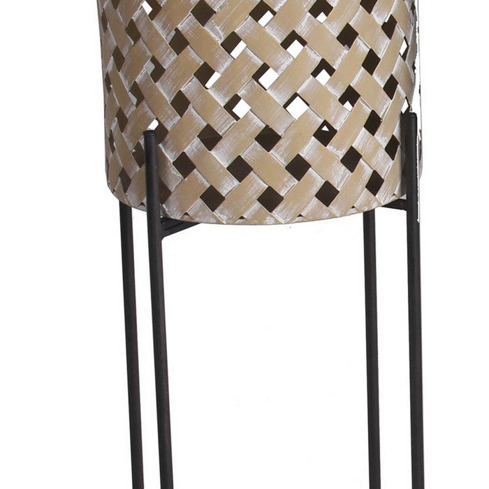 Lattice Design Round Planter with Metal Base, Beige and Black