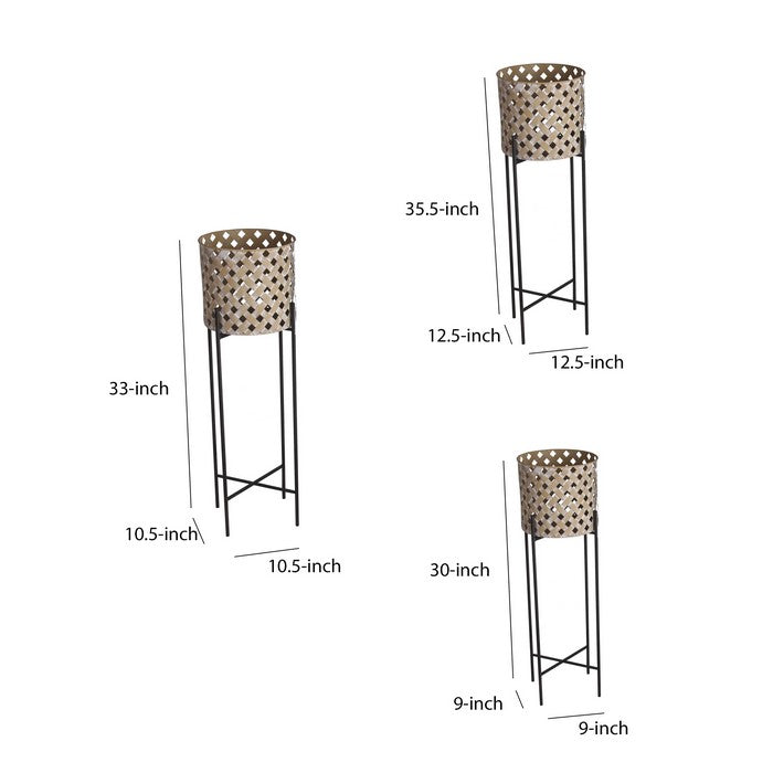 Lattice Design Round Planter with Metal Base, Beige and Black