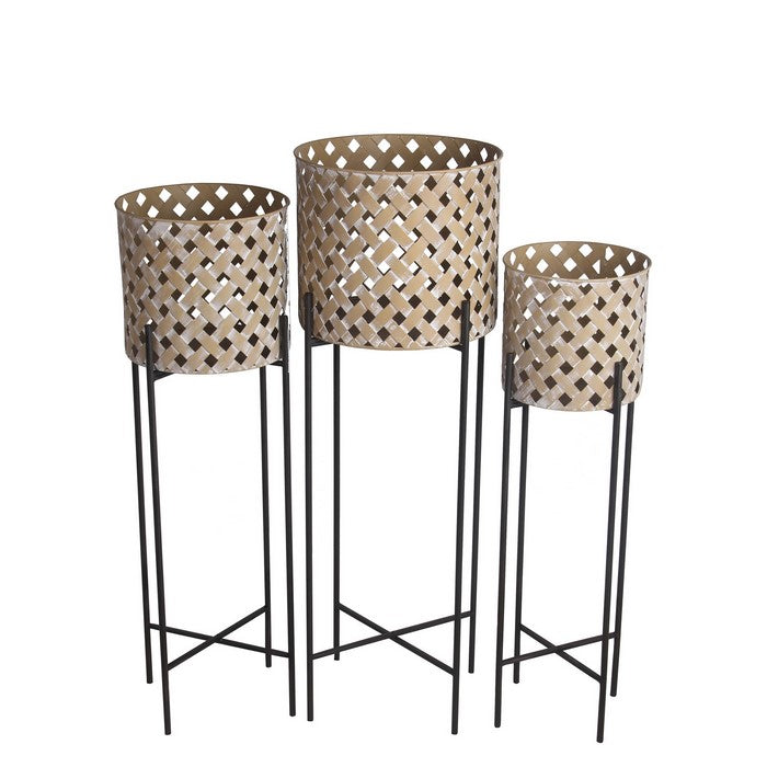 Lattice Design Round Planter with Metal Base, Beige and Black