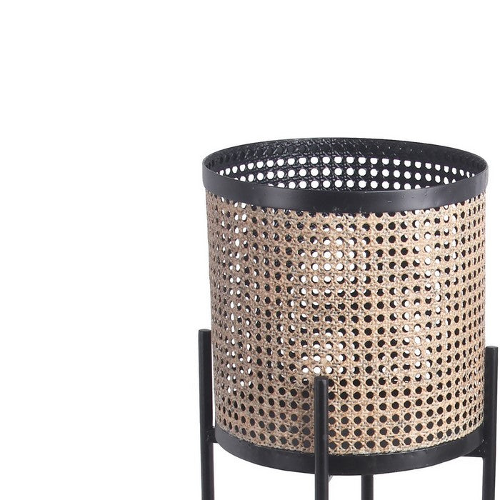 Lattice Round Metal Planter with Tubular Base, Set of 2, Gold and Black