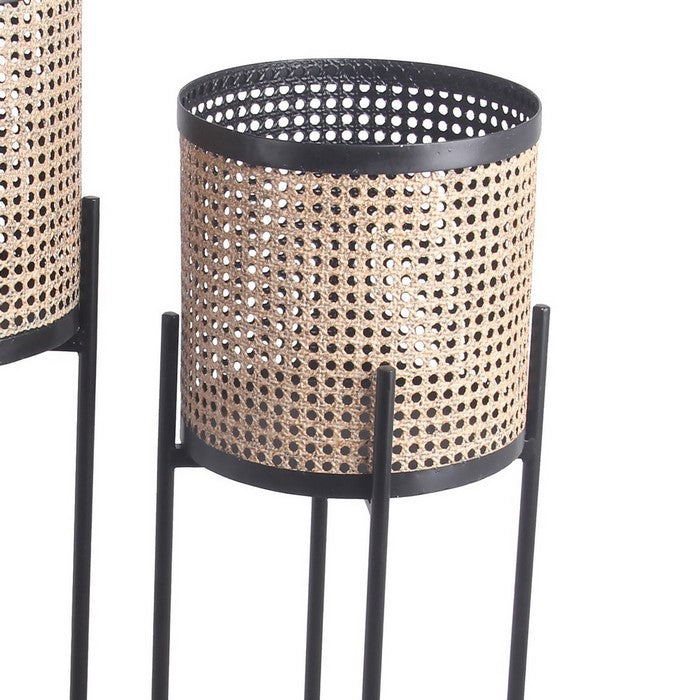 Lattice Round Metal Planter with Tubular Base, Set of 2, Gold and Black