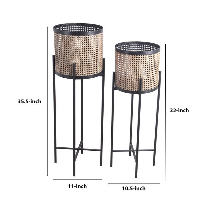 Lattice Round Metal Planter with Tubular Base, Set of 2, Gold and Black