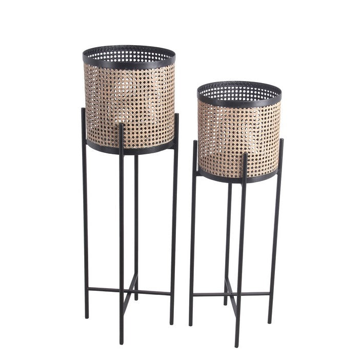 Lattice Round Metal Planter with Tubular Base, Set of 2, Gold and Black