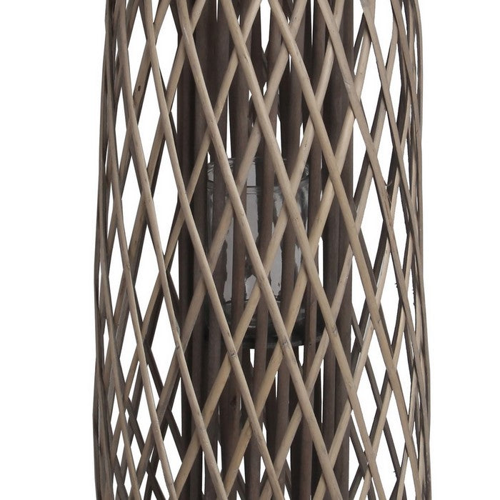 Lattice Design Bamboo Lantern with Glass Candle Holder, Large, Brown