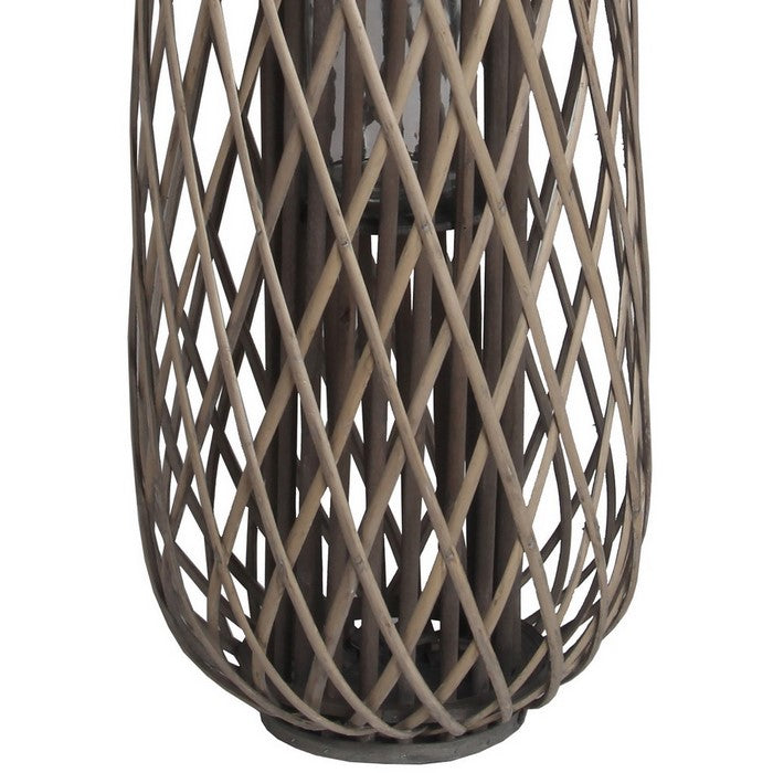 Lattice Design Bamboo Lantern with Glass Candle Holder, Large, Brown