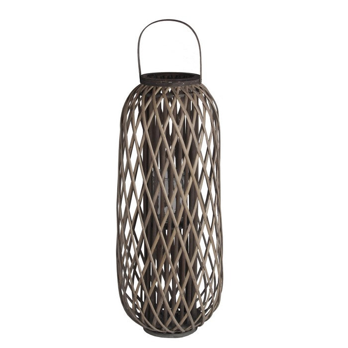 Lattice Design Bamboo Lantern with Glass Candle Holder, Large, Brown