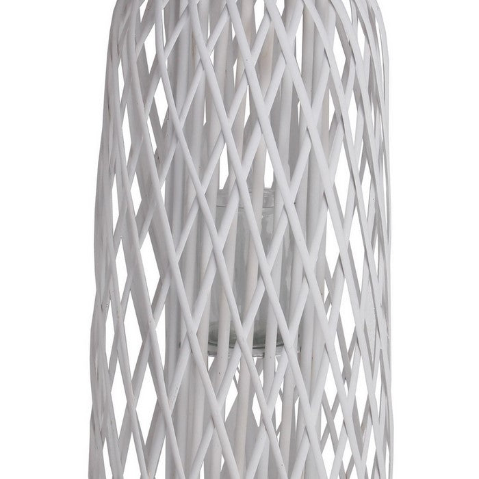 Lattice Design Bamboo Lantern with Glass Candle Holder, Large, White